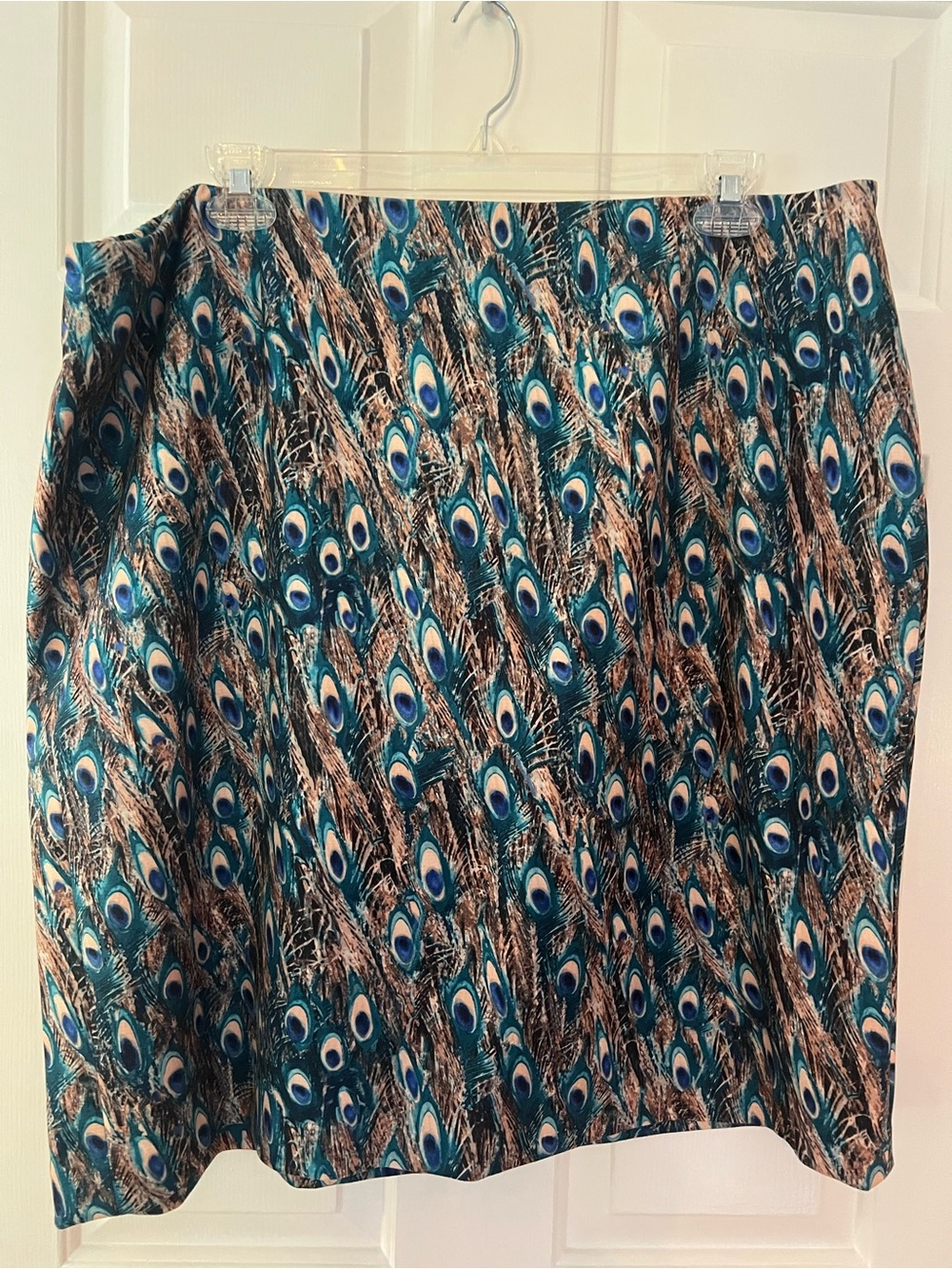 Talbots Peacock-Print A-Line Skirt in Teal, Blue and Brown